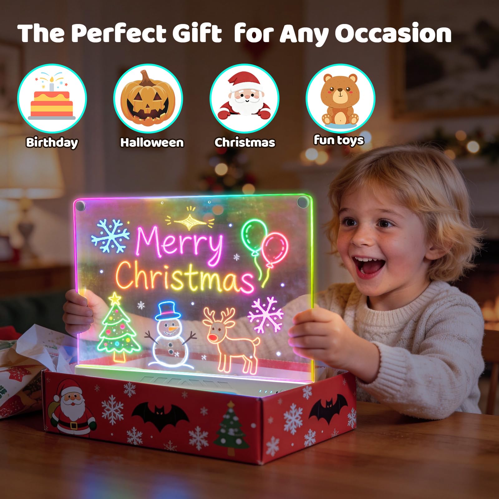 Idealife LED Zeichenbrett Wiederaufladbar für Jungen & Mädchen | 3mm Wiederverwendbare Maltafel mit 7 Lichtfarben & 3 Blinkmodi, 10 Helligkeitsstufen, Kreatives Lernspielzeug als Geschenk