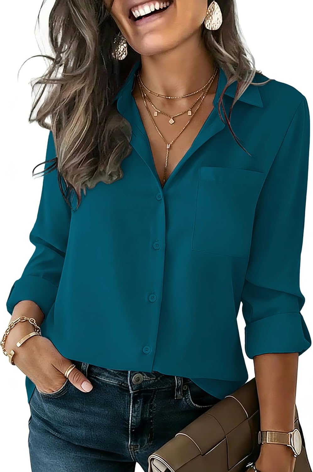 HOTOUCH Button Down Shirts for Women Long Sleeve Blouse Dressy Casual Business Work Tops with Pocket