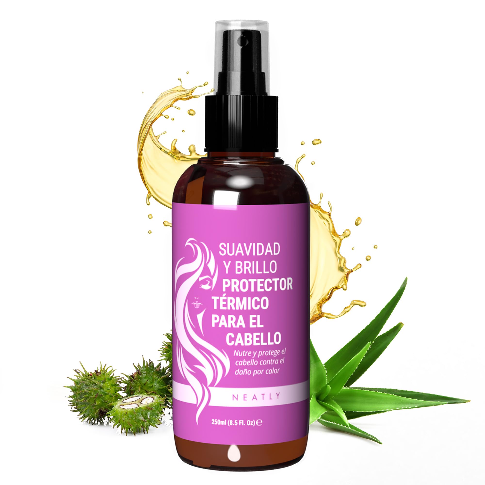 Neatly® Spray Protector Termico Pelo con Keratina y Aceite de Ricino - 250ml - Protector de Calor para el Pelo Seco, Dañado y Encrespado - Spray Protector Termico Cabello Plancha y Secador