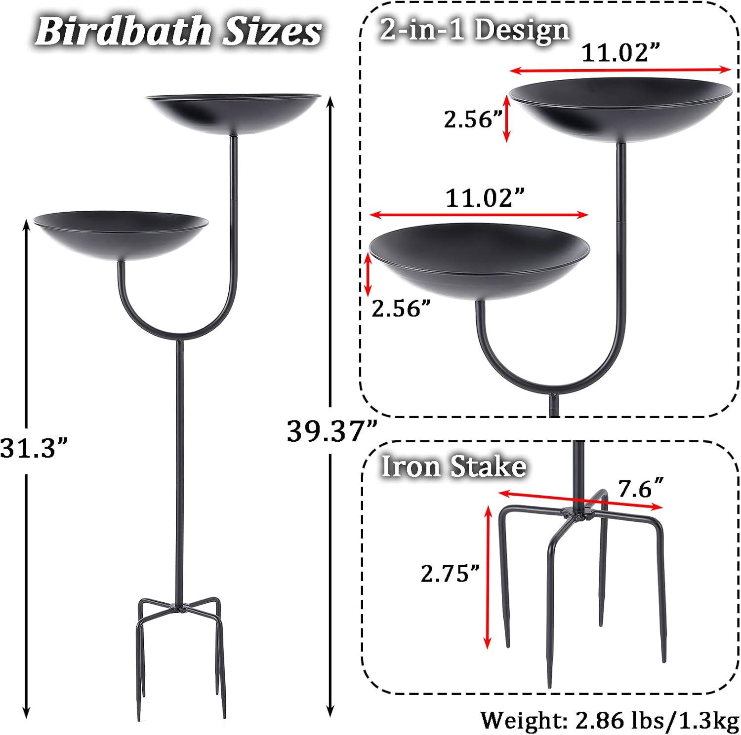 39.3”H Tall Bird Baths, Black Metal Bird Bath and Feeder Combo, Decorative Outdoor Garden Birdbath Bowl with 4 Stakes, Detachable Standing Bird Feeder Birdbath for Outside Patio Yard Decor