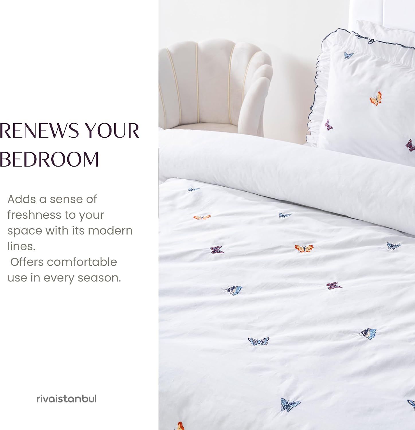 100% Cotton Duvet Cover Bedding Set | 6-Piece Embroidered Duvet Cover, Flat Sheet & Pillowcases | Oversized Cotton Bedding Set for Bedroom (Butterfly, 78.74 × 86.61 inch)