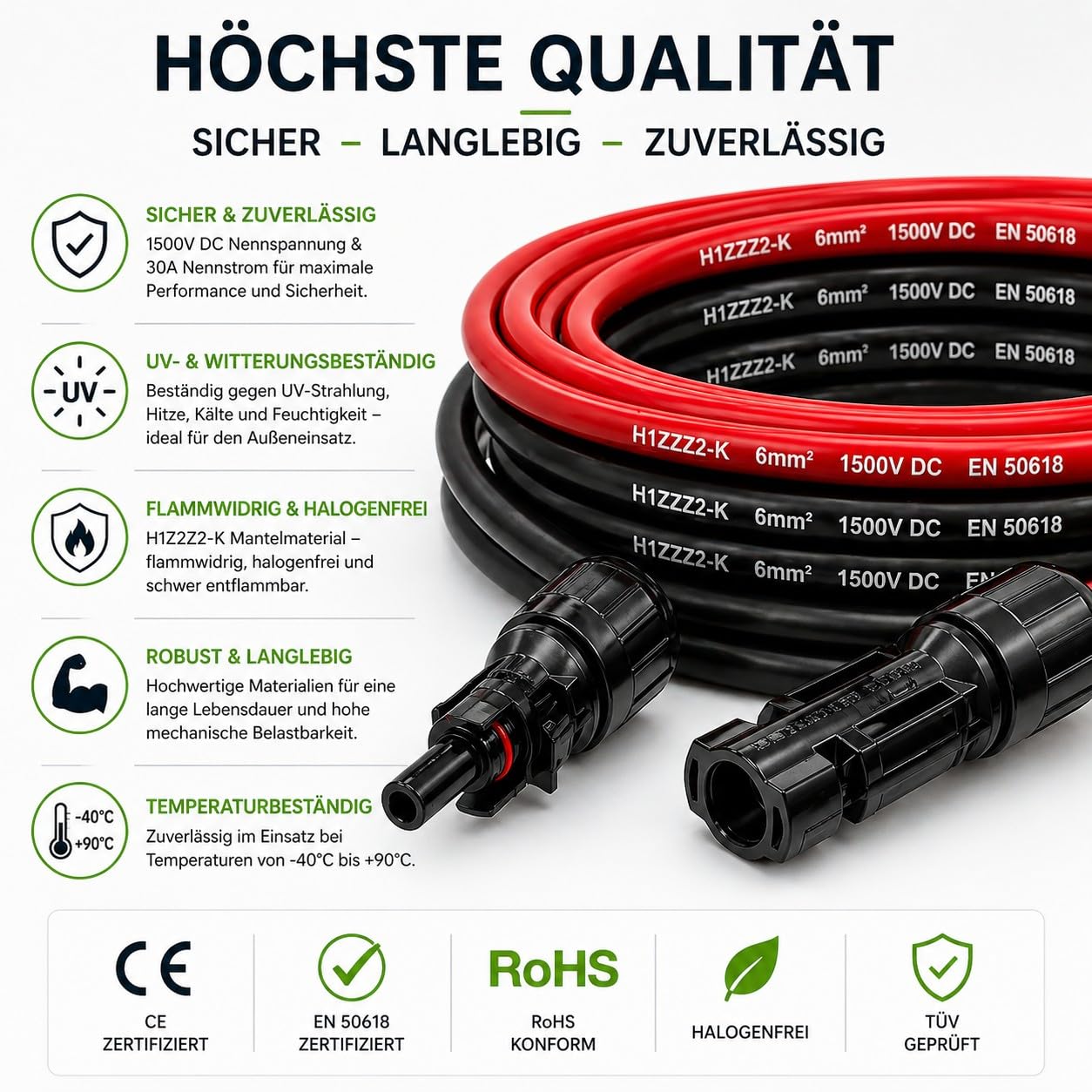 35Fahrenheit Solarkabel 6mm2 PV Kabel 2x15m rot/schwarz Photovoltaik Kabel mit Stecker Solarleitung 6mm2 Balkonkraftwerke