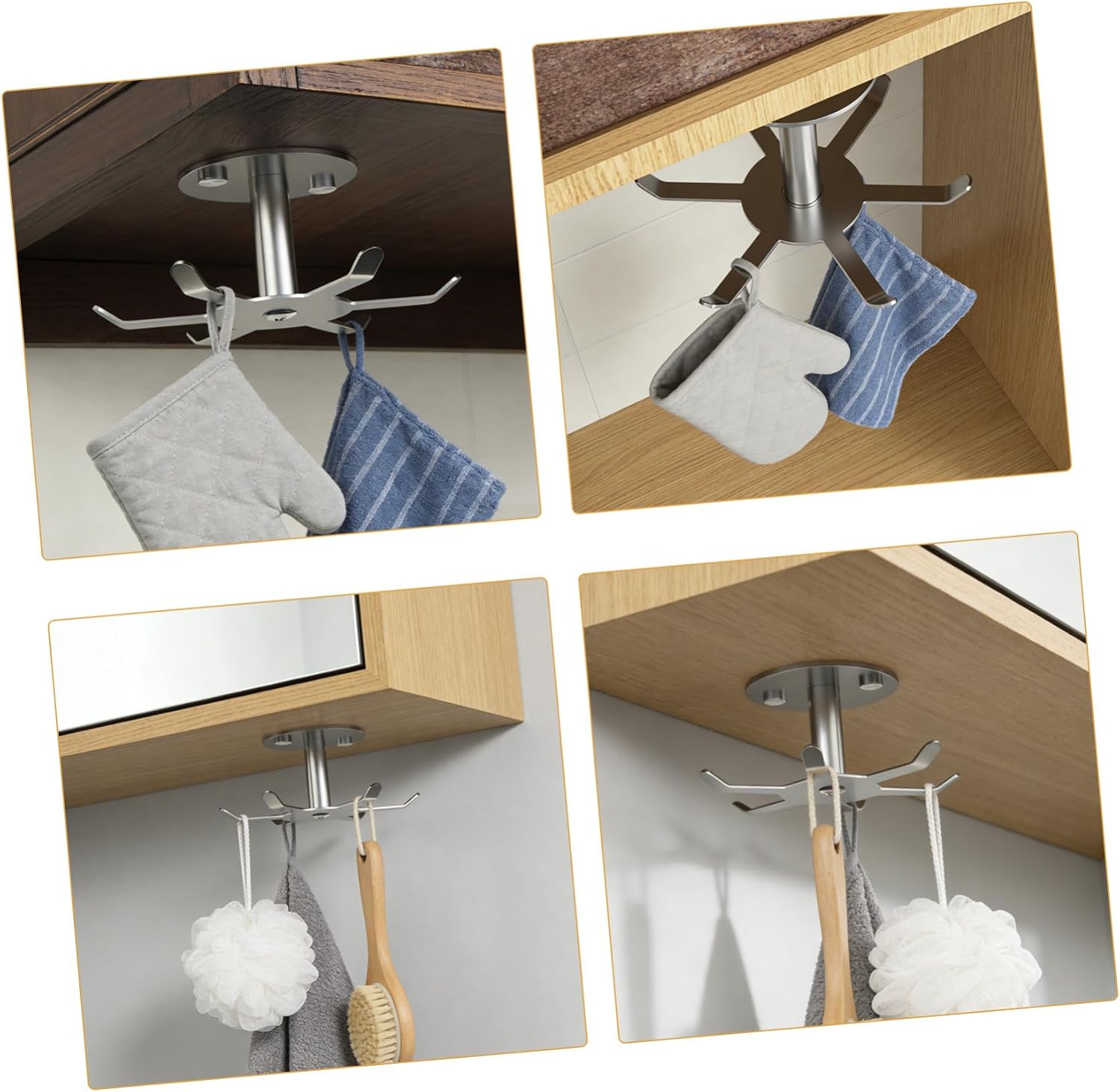 2pcs Rotating Under Cabinet Hooks for Kitchen and Bathroom Heavy Duty Hanger Six Claws for Convenient Storage and Easy Access