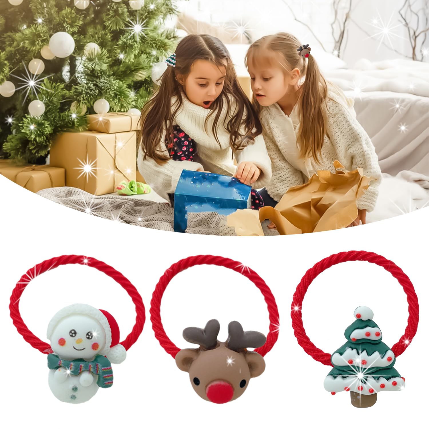 AOVNA 20pcs Christmas Hair Ribbons for Girls - Kid's Xmas Headdress with Elastic Ties for Triple Ponytails - Image 4
