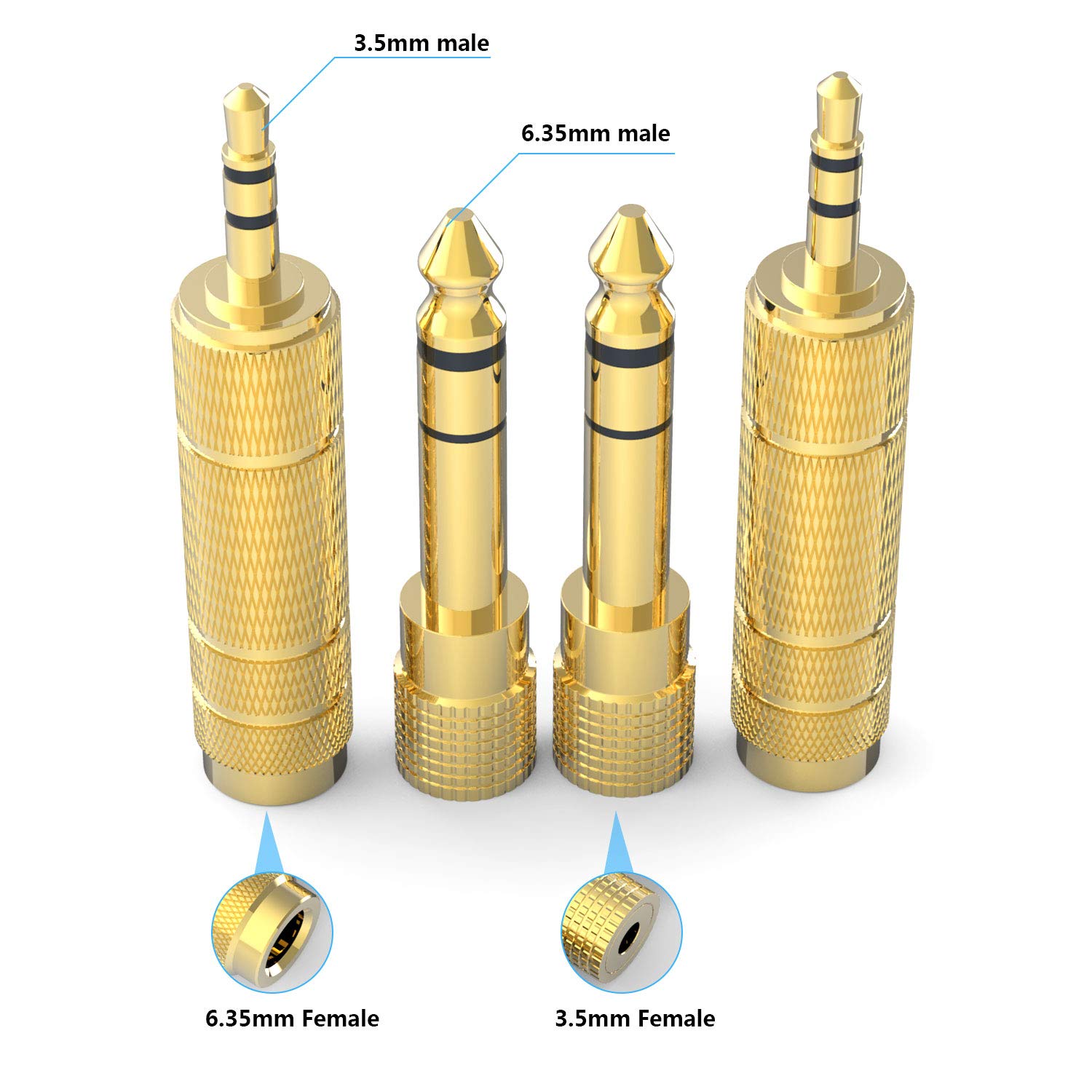 Adaptateur Jack 3.5 Mm Mâle Vers 6.35 Mm Femelle - Lot De 2 - Cuivre - Pour Casque, Guitare, Ampli, PC - 9