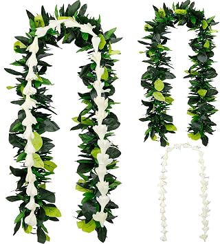 2 Pack Hawaiian Maile and White Tuberose Graduation Lei 6.56ft Artificial Leaf Flower Necklaces for Wedding, Luau, Aloha Summer Party, School Ceremony, 2025 Graduation Gift