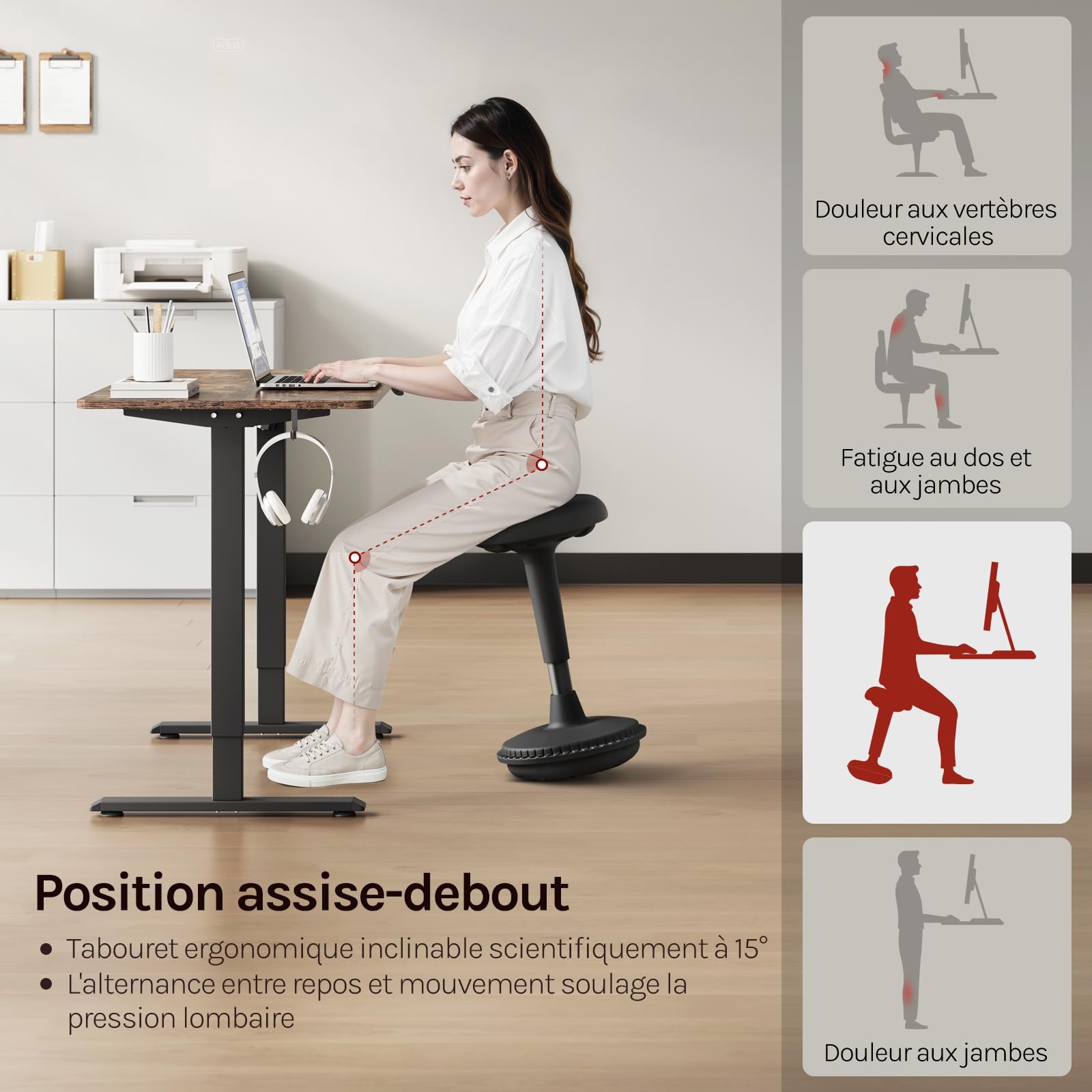 WOLTU Tabouret Ergonomique à Bascule, Tabouret Dynamique, Siège Assis-Debout Pivotant, Hauteur Réglable 55,5 à 74 cm, pour Bureau à Domicile, Noir