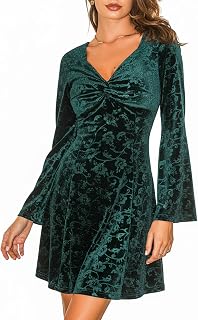 CUPSHE Women's Green Velvet Mini Dress - Flare Sleeve V Neck Floral Vintage Evening Party Guest Dress