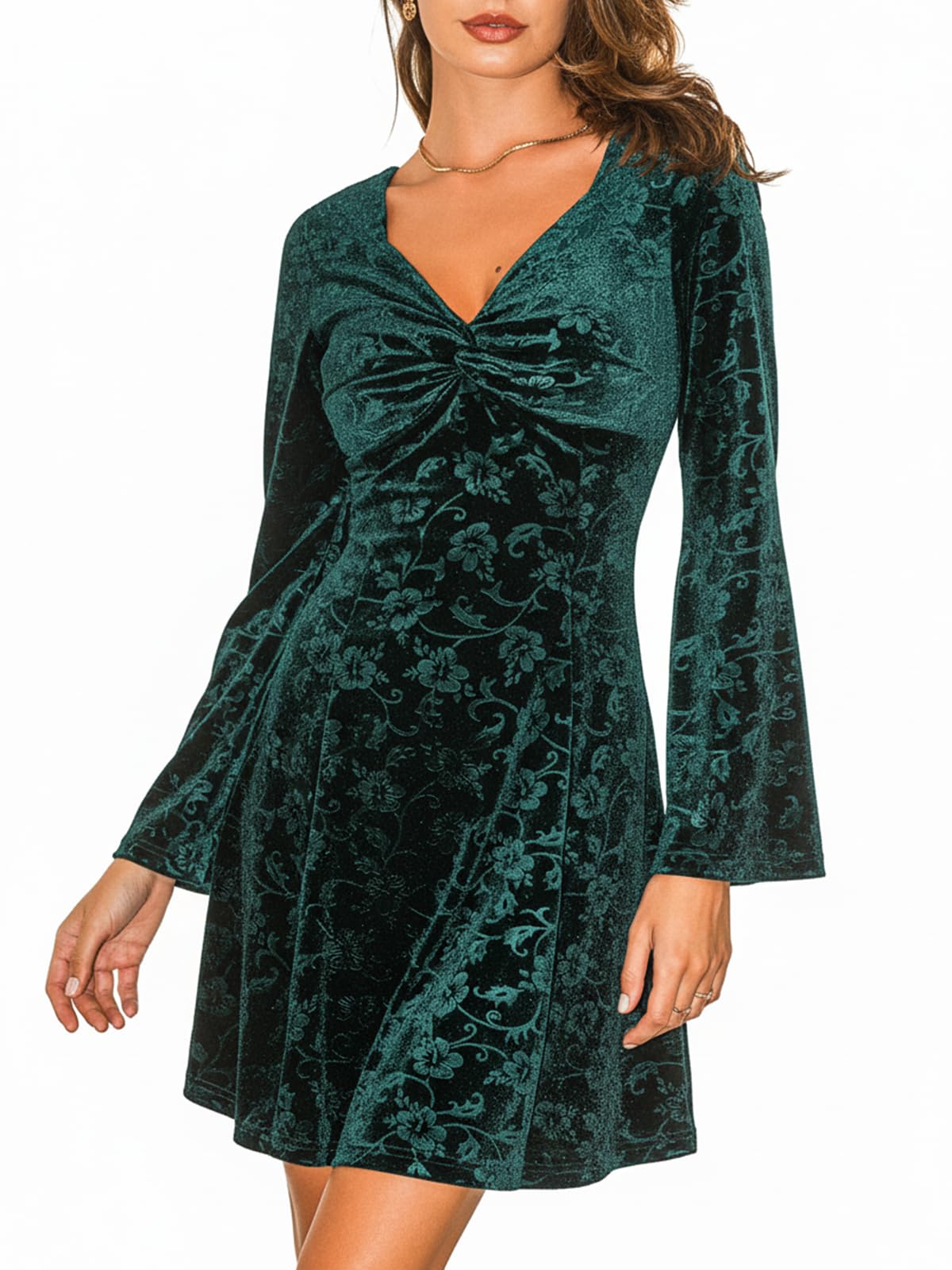CUPSHE Abito da donna vintage in velluto, maniche svasate, scollo a V, mini abito da sera per feste e ospiti