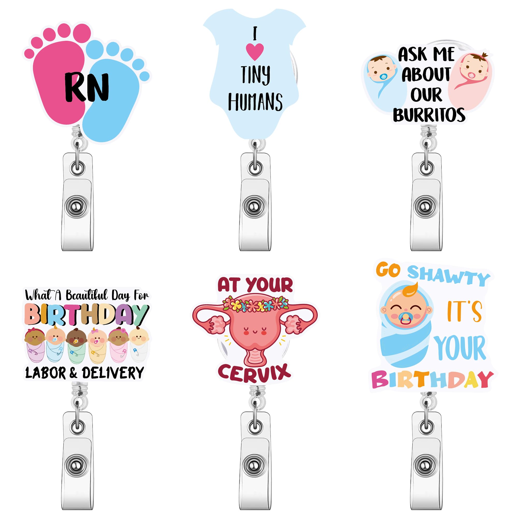 AFRITEE NICU Badge Holder Retractable - 6pcs Labor and Delivery Nurse Gifts Badge Reel, Cute Acrylic ID Badge Reel Retractable Clip for Hospital