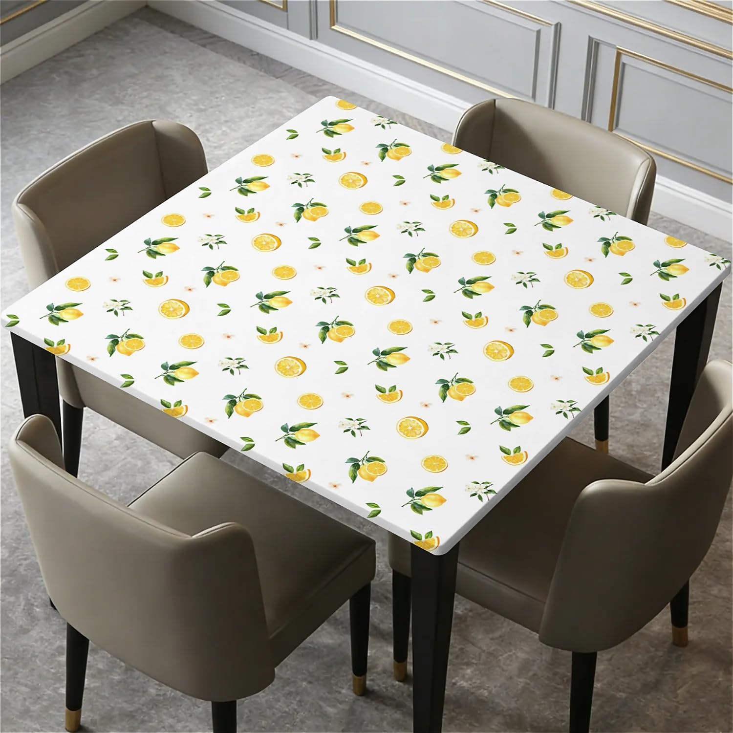 ARTSGOO Square Table Cloth Wipe Clean 34in, Waterproof Tablecloth with Elastic Edge Table Cover for Kitchen Dining Table/Party/Outdoor-Lemon Pattern