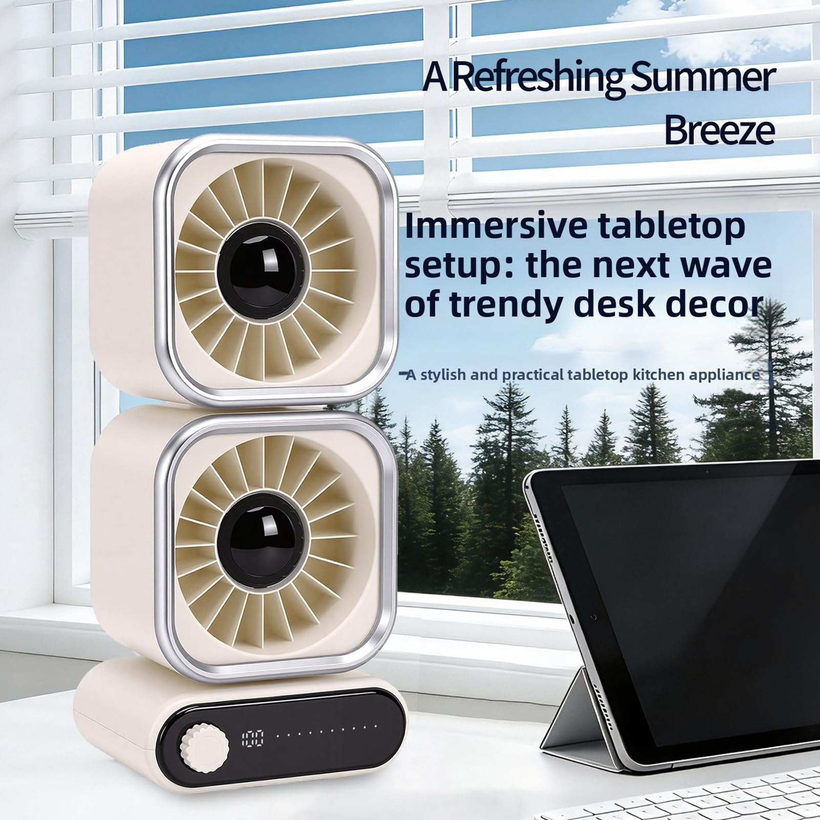 Tischventilator, Schreibtischventilator, Tragbarer Ventilator, 2 Köpfe, 100 Geschwindigkeiten, Verstellbarer USB-Ventilator, LED-Anzeige, 360 Grad Drehbar, Leiser 4000-mAh-