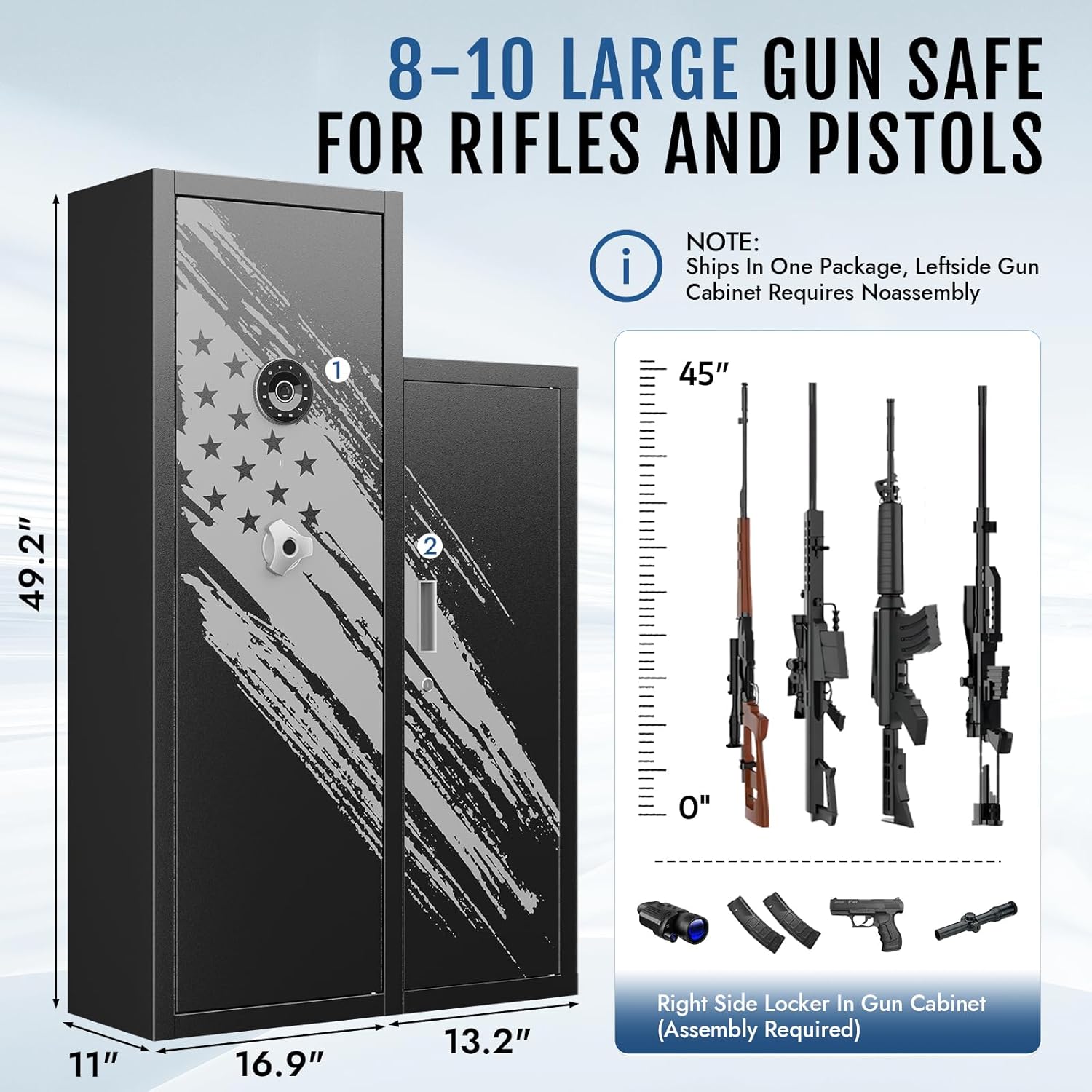 KAER 8-10 Gun Safe, Large Gun Safe for Rifles and Pistols, Quick Access Home Gun Rifle Safe and Storage Gun Locker Cabinet with 4 Pistol Pouches and Removable Shelf for Shotgun, Firearm, Ammo