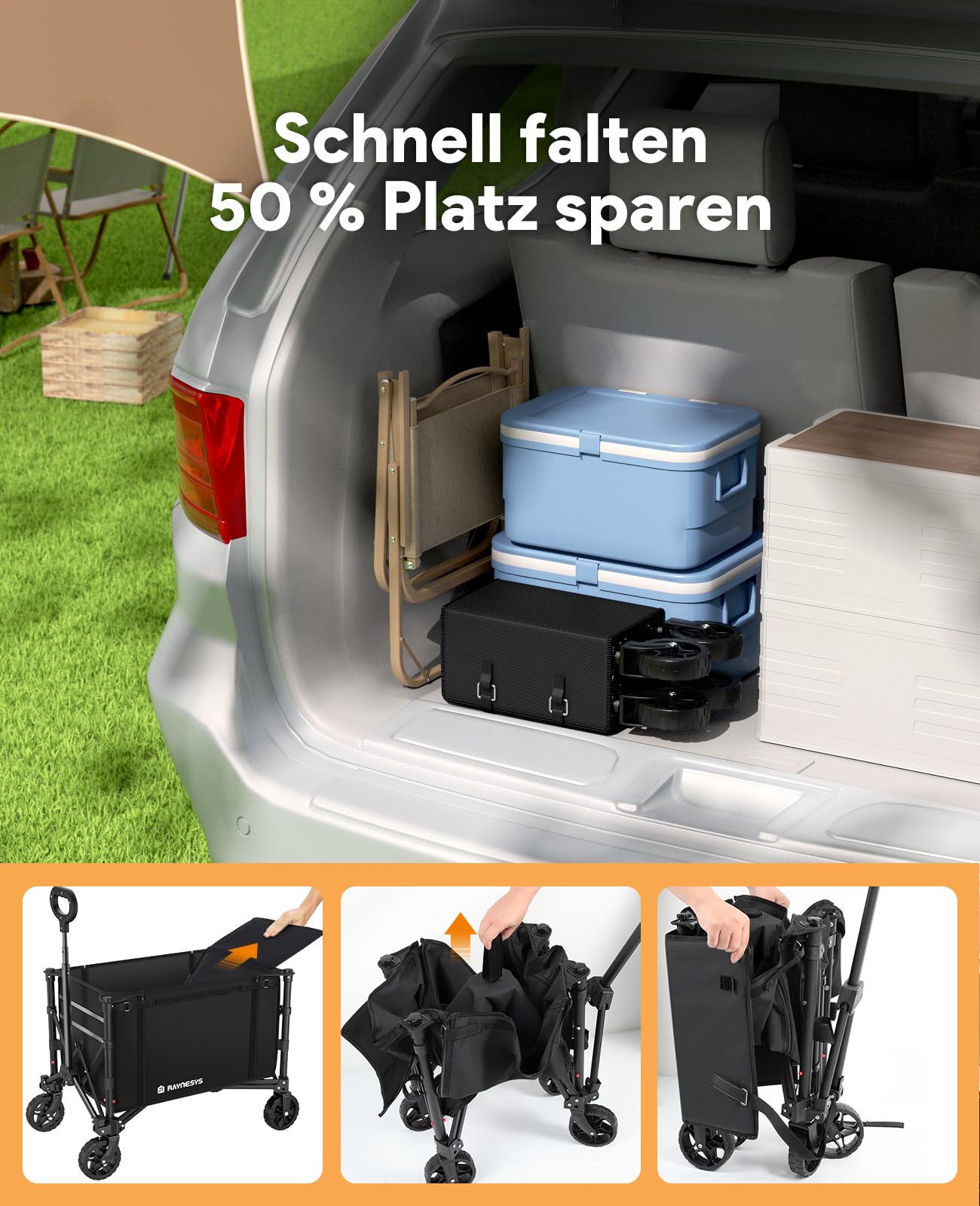 3 in 1 Bollerwagen Faltbar 120L, Klappbar Handwagen mit Rädern, 220lbs Transportwagen Faltbar, Umbaubar in Eine Bank, Einkaufstrolley Klappbar Allzweckwagen für Sport Camping Garten Strand,Tiefschwarz