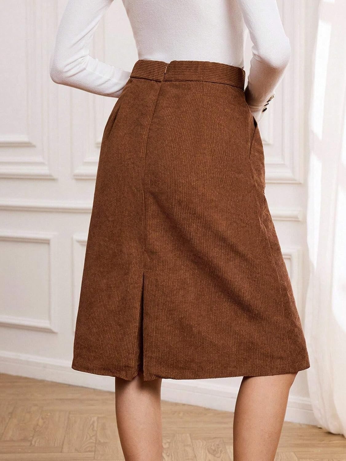 High Waisted Zipper Straight Knee Length Skirt Skort for Women - Casual Coffee Brown Woven Fabric