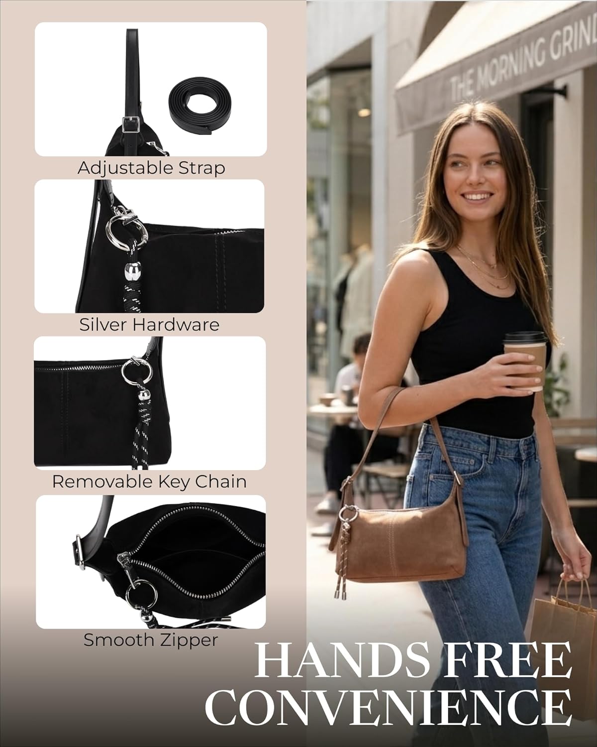 Small Shoulder Bag for Women -Crossbody Bag for Women, Mini Slouchy Shoulder Purse with Cute Keychain Charm &Adjustable Strap