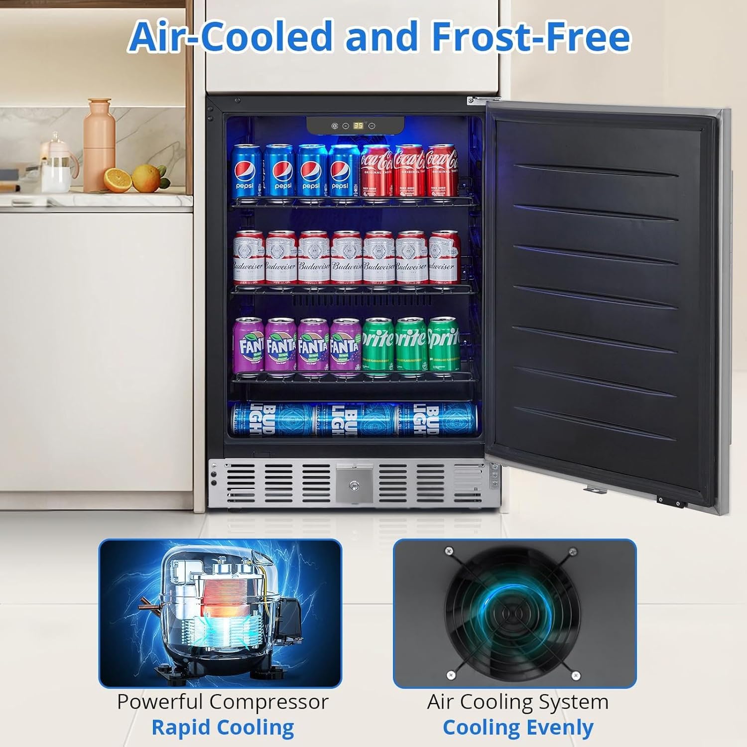 Stainless Steel 24 Inch Beverage Refrigerator for Outdoor Kitchen & Patio - 180 Can Capacity, Weather Proof Cooler