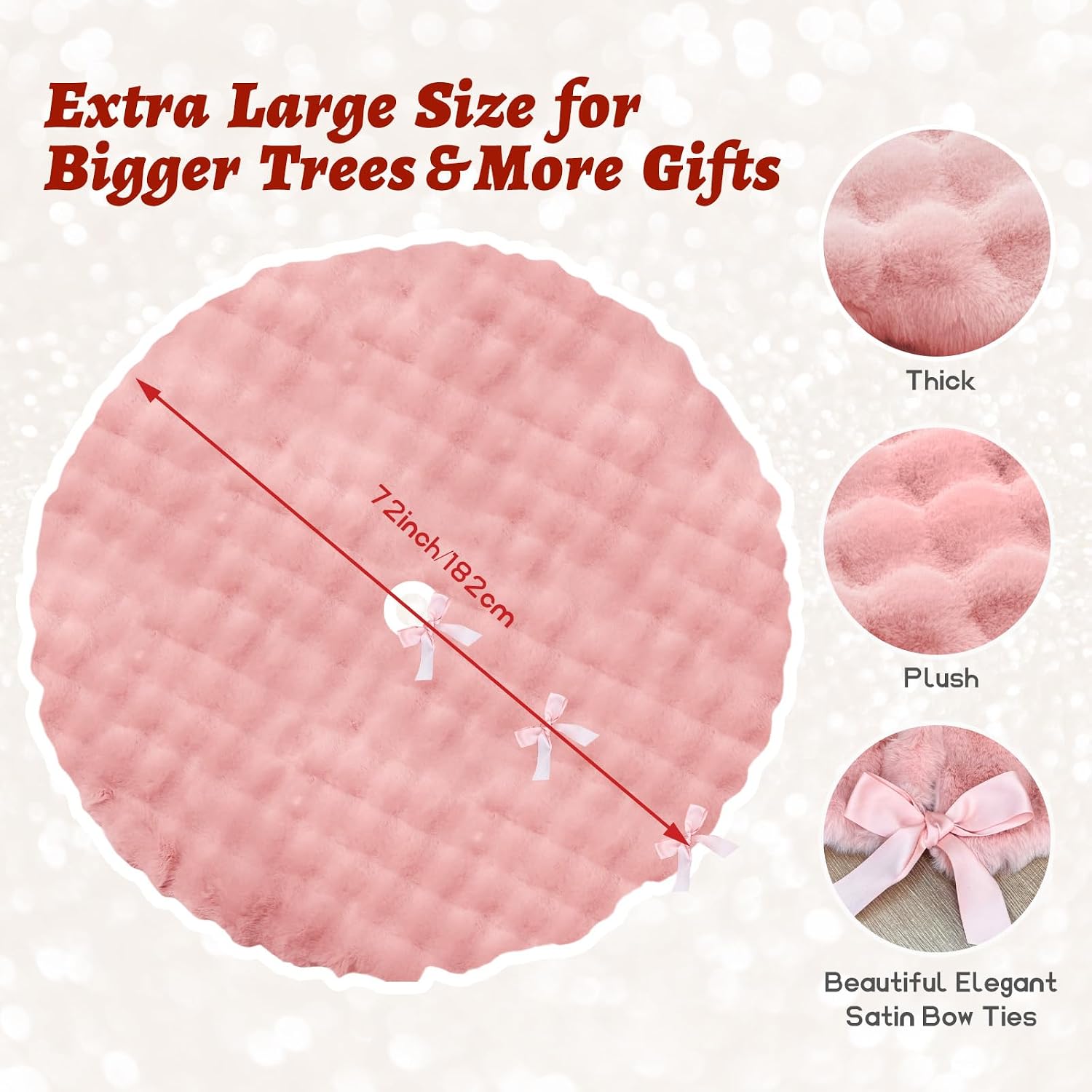 Condition photo showing New/Like New for pink christmas tree skirt 72 inch, extra large faux fur tree skirt, thick soft plush big xmas tree skirts with satin ribbon ties for outdoor indoor merry christmas party 6/7/7.5/9ft tree decoration