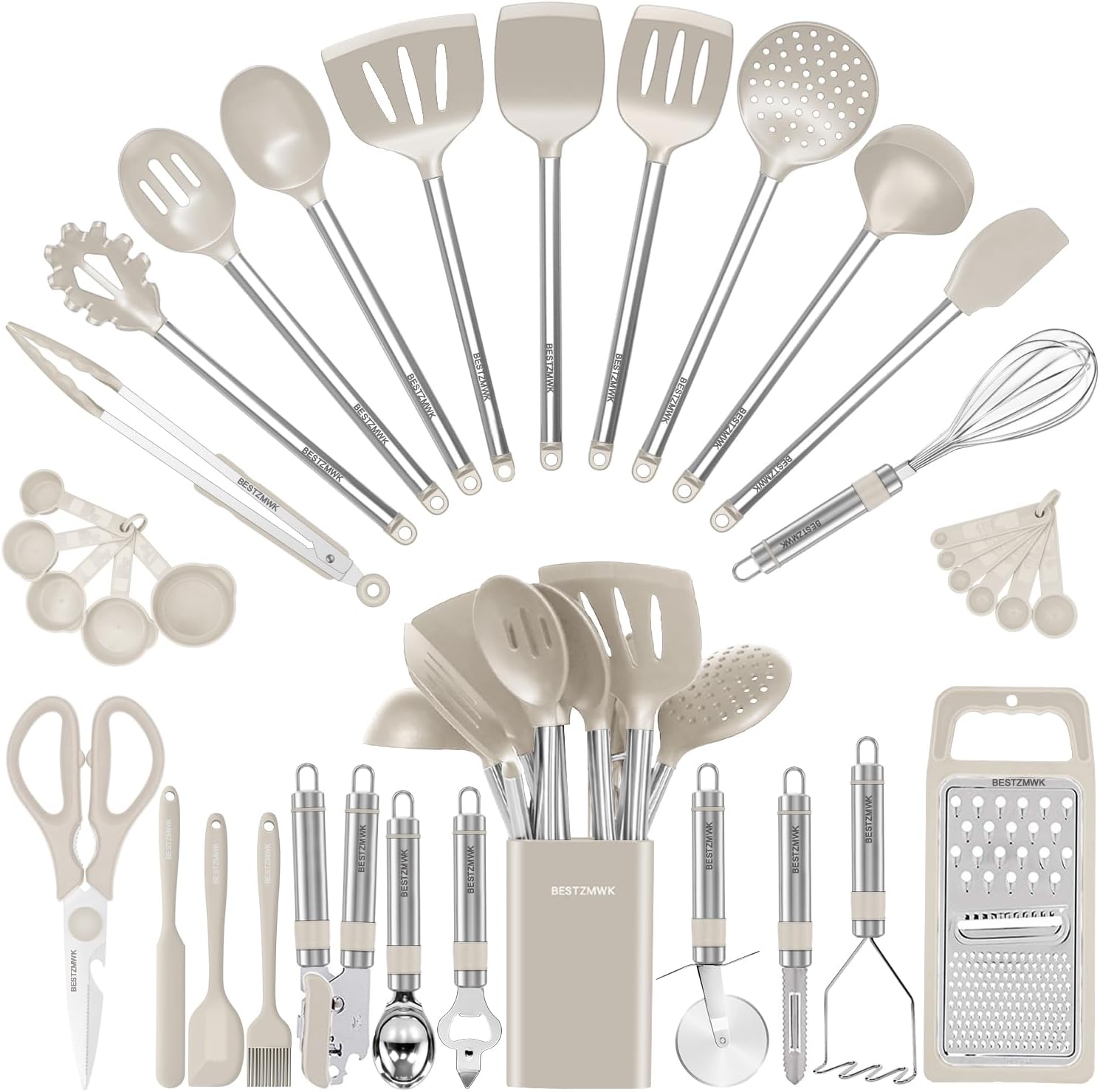Kitchen Utensil Set-Silicone Cooking Utensils-33 Kitchen Gadgets & Spoons for Nonstick Cookware-Silicone and Stainless Steel Spatula Set-Best Kitchen Tools, Useful Pots (Khaki)