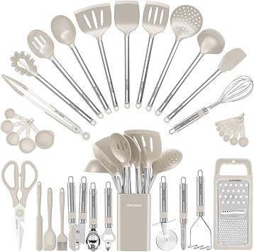 Kitchen Utensil Set-Silicone Cooking Utensils-33 Kitchen Gadgets & Spoons for Nonstick Cookware-Silicone and Stainless Steel Spatula Set-Best Kitchen Tools, Useful Pots Khaki