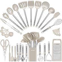 Kitchen Utensil Set-Silicone Cooking Utensils-33 Kitchen Gadgets &amp; Spoons for Nonstick Cookware-Silicone and Stainless Steel Spatula Set-Best Kitchen Tools, Useful Pots (Khaki)
