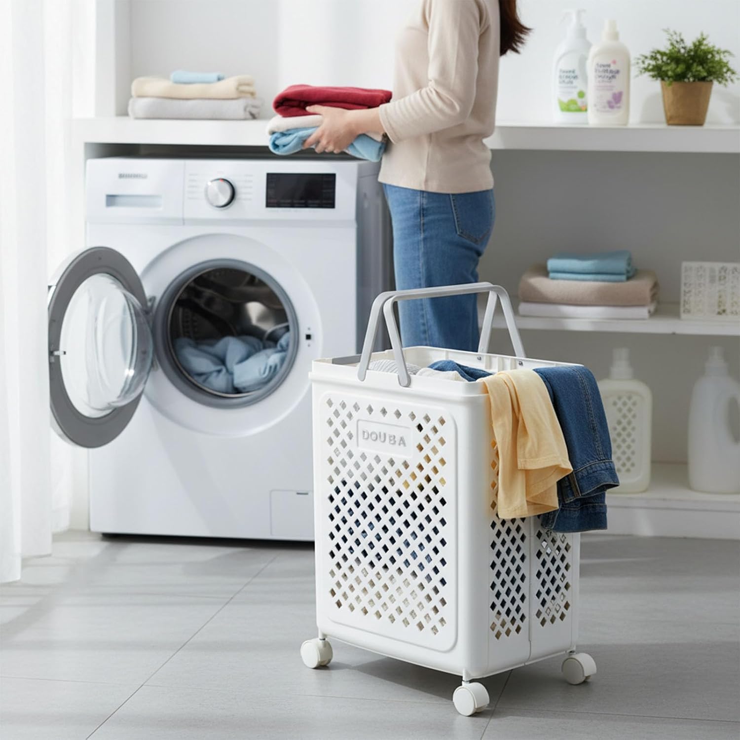 49L Collapsible Laundry Baskets, Plastic Laundry Hamper with Handles, Foldable Laundry Bin, Laundry Basket with Wheels for Laundry Room Organization, Ideal for Clothes, Towels, Blankets, White