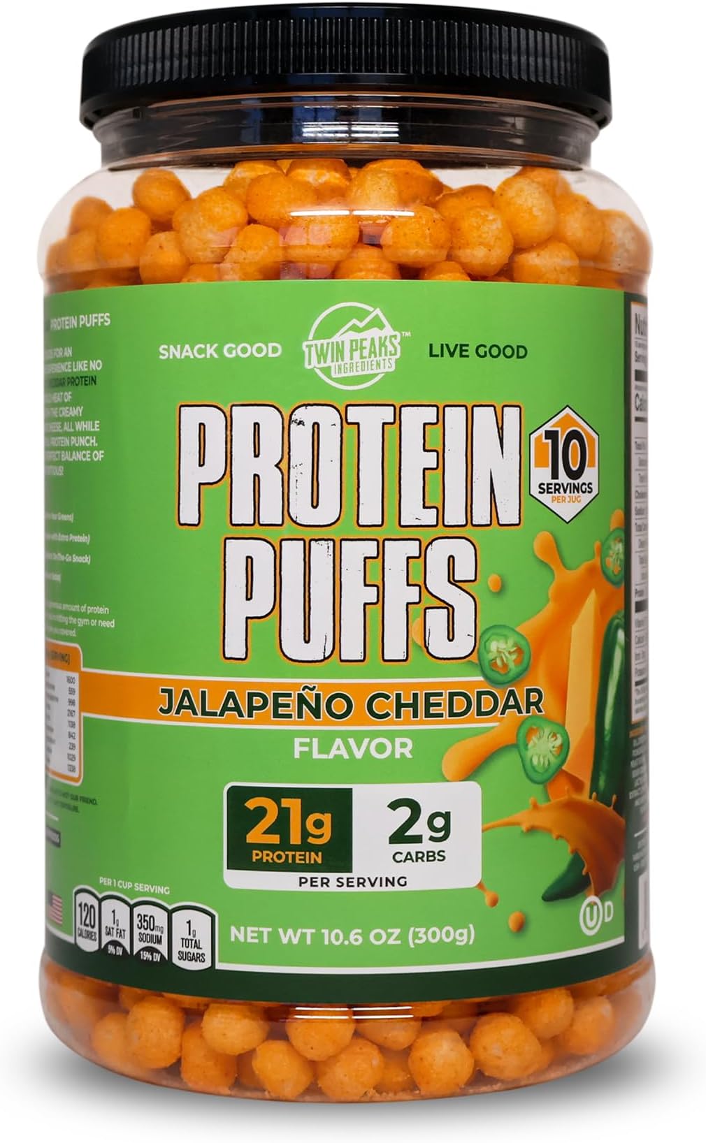 Twin Peaks Protein Puffs - (Jalapeno Cheddar), Keto Friendly, Low Carb Snack (300g, 21g Protein, 2g Net Carbs, High Protein, Healthy Crunchy Snack)