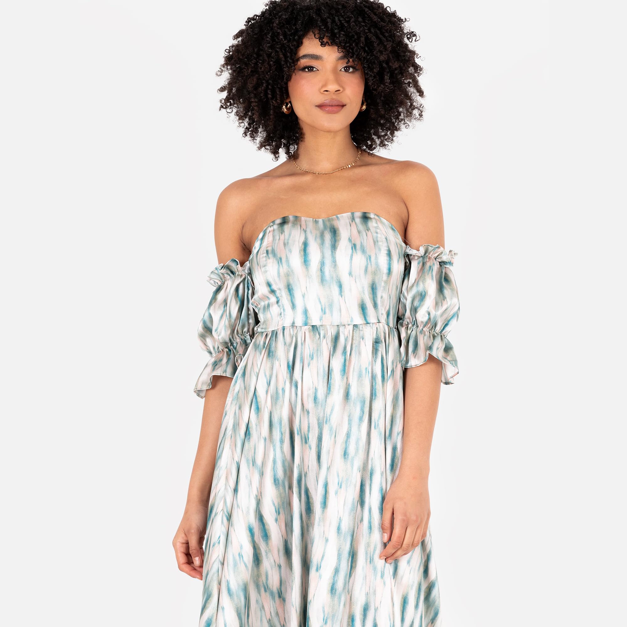 Lovedrobe Vestido para Mujer Midaxi Bardot Off-The-Shoulder Neckline Short Ruffle Sleeve A-Line Split Leg Abstract Print