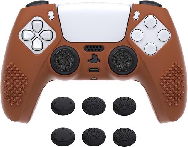 eXtremeRate PlayVital Antypoślizgowe Pokrowiec Ochronny do ps5 Kontrolera,Miękka Gumowe Ochraniacz Skóry do ps5,Silikonowe Etui do ps5 z 6 szt Nakładkami Joysticka-Sygnał Brązowy(3D Studded Edition)
