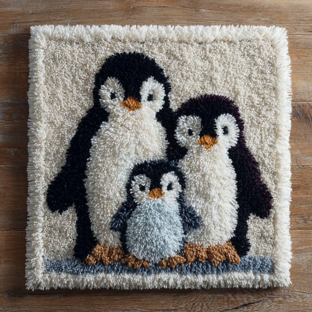 AxiangziK Latch Hook Cushion Kit 17x17 Inch,A Family of Penguins