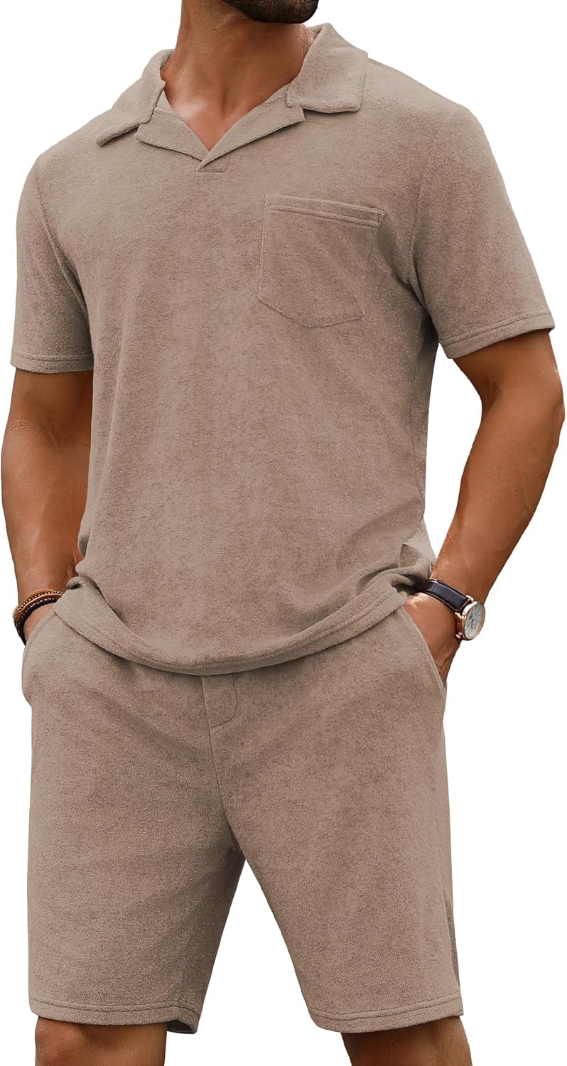 URRU Men's Polo Shirt and Shorts Set Summer Outfits Beach Terry Casual Short Sleeve 2 Piece Short Set for Men