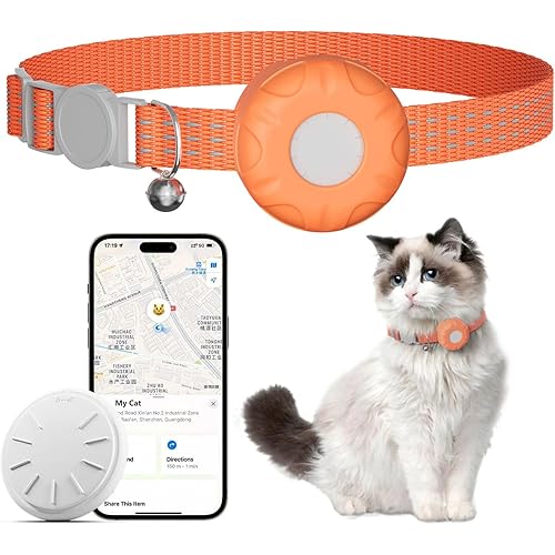 Cat Tracker Collar,No Monthly Fee Cat Tracker Works with Apple Find My App(Only iOS),GPS Tracker for Cats,Real-Time Location Pet Tracking|Safety Collar and Tracker Holder Included-Orange
