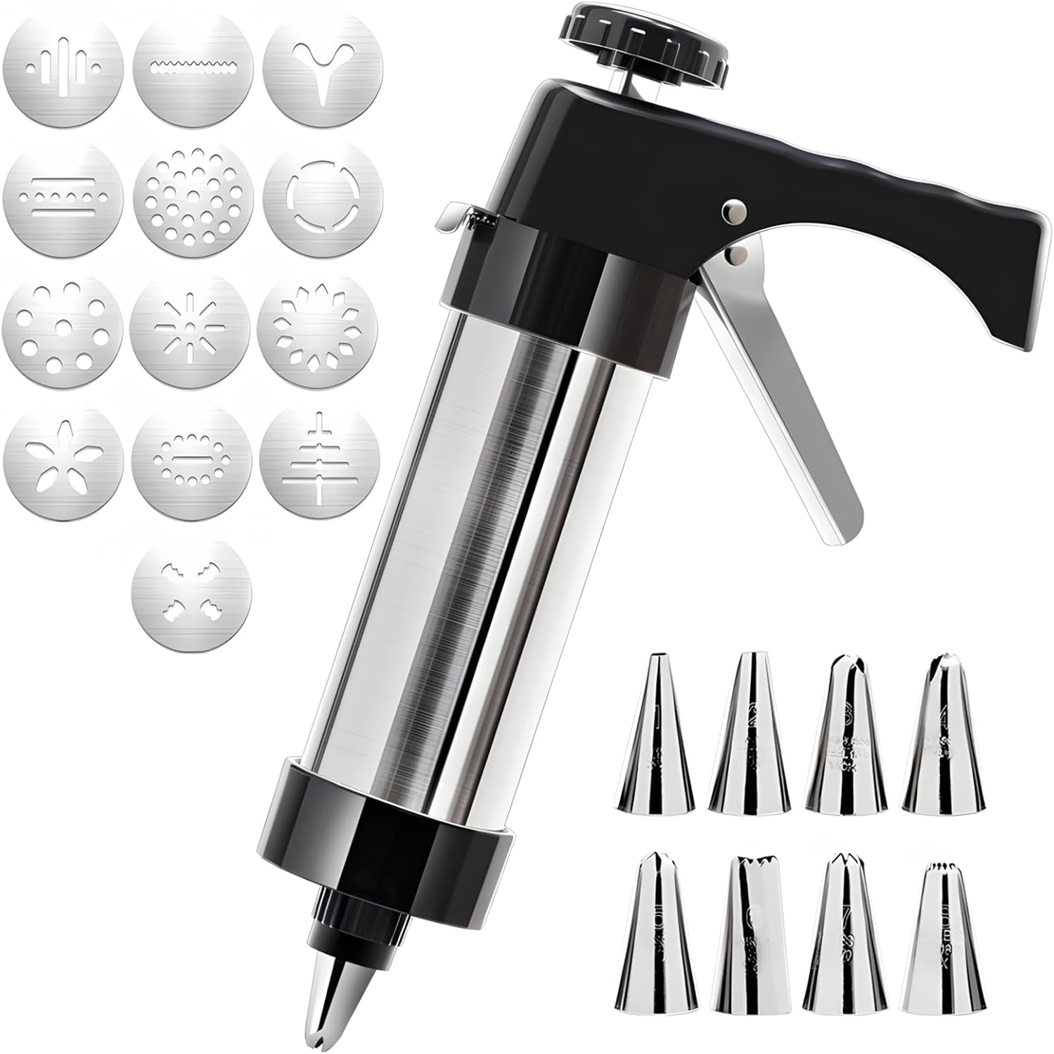 Shape Molds Stainless Steel Cookie Press Set, Maker Machine With Adjustable Handle, Hand-Powered Baking Tool For Home, 22 Cm Length, 6 Cm Top Diameter