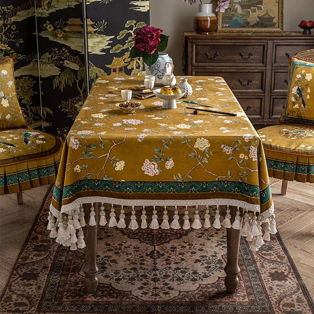 Luxury Velvet Tablecloth,European Flowers Pattern Table Cover with with Tassel,Stain and Wrinkle Resistant Table Cloth Rectangle Tables-A 140x220cm(55x87inch)