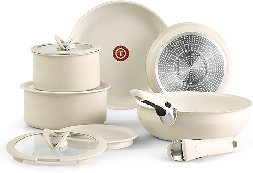 T-fal Ingenio Essentials - Juego de utensilios de cocina con mango desmontable/extraíble de 11 piezas, granito titanio antiadherente, inducción,