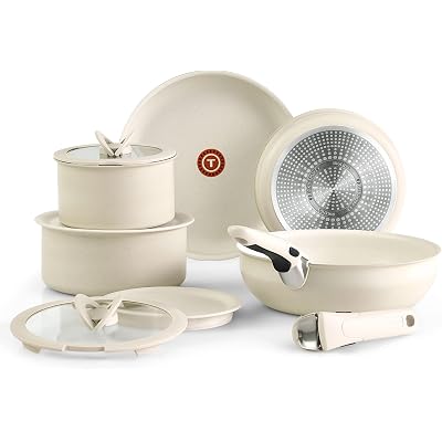 T-fal Ingenio Essentials Cookware Set with Detachable/Removable Handle 11 Piece, Granite Titanium Non Stick, Induction, Oven Broiler Safe 500F, Stackable, Pots and Pans Set, RV Camping, Fry Pans Beige