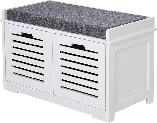 HOMCOM White Storage Bench with 2 Drawers & Removable Grey Seat Cushion Hallway Organisation furniture
