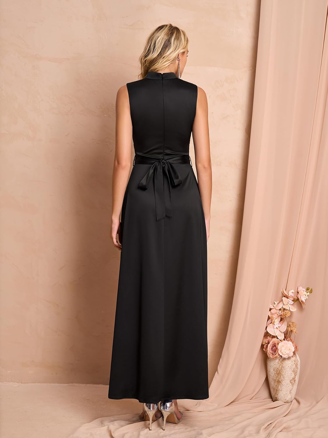 Women Satin Formal Long Dress Elegant Mock Neck Ruched Cocktail Wedding Guest Party Maxi Dress with Belt - Image 3