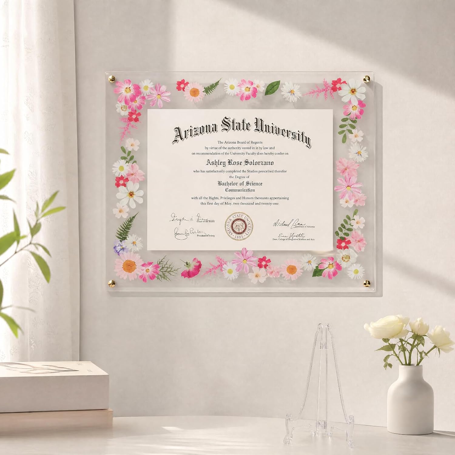 Novabright 1 Set 2026 8.5x11 Floral Acrylic Graduation Certificate Frame Pressed Flower Wall Mount Floating Picture Frame A4 Photo for Graduation Certificate Degree Document Memory Picture Gift