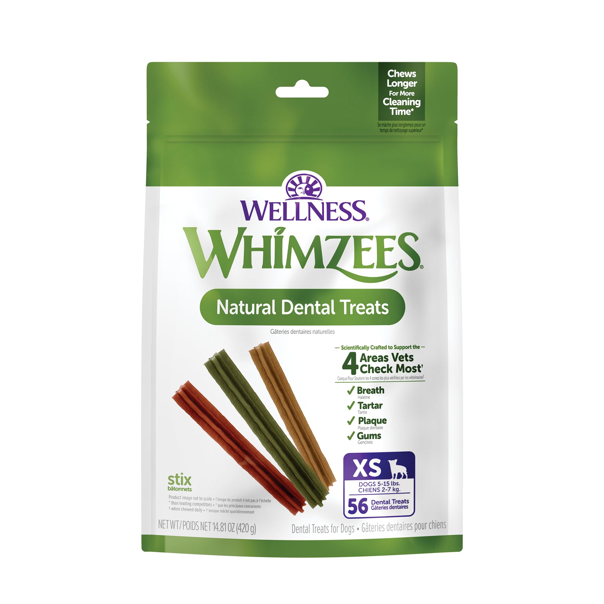 Whimzees Natural Grain Free Dental Dog Treats, Extra Small Stix, Bag Of 56