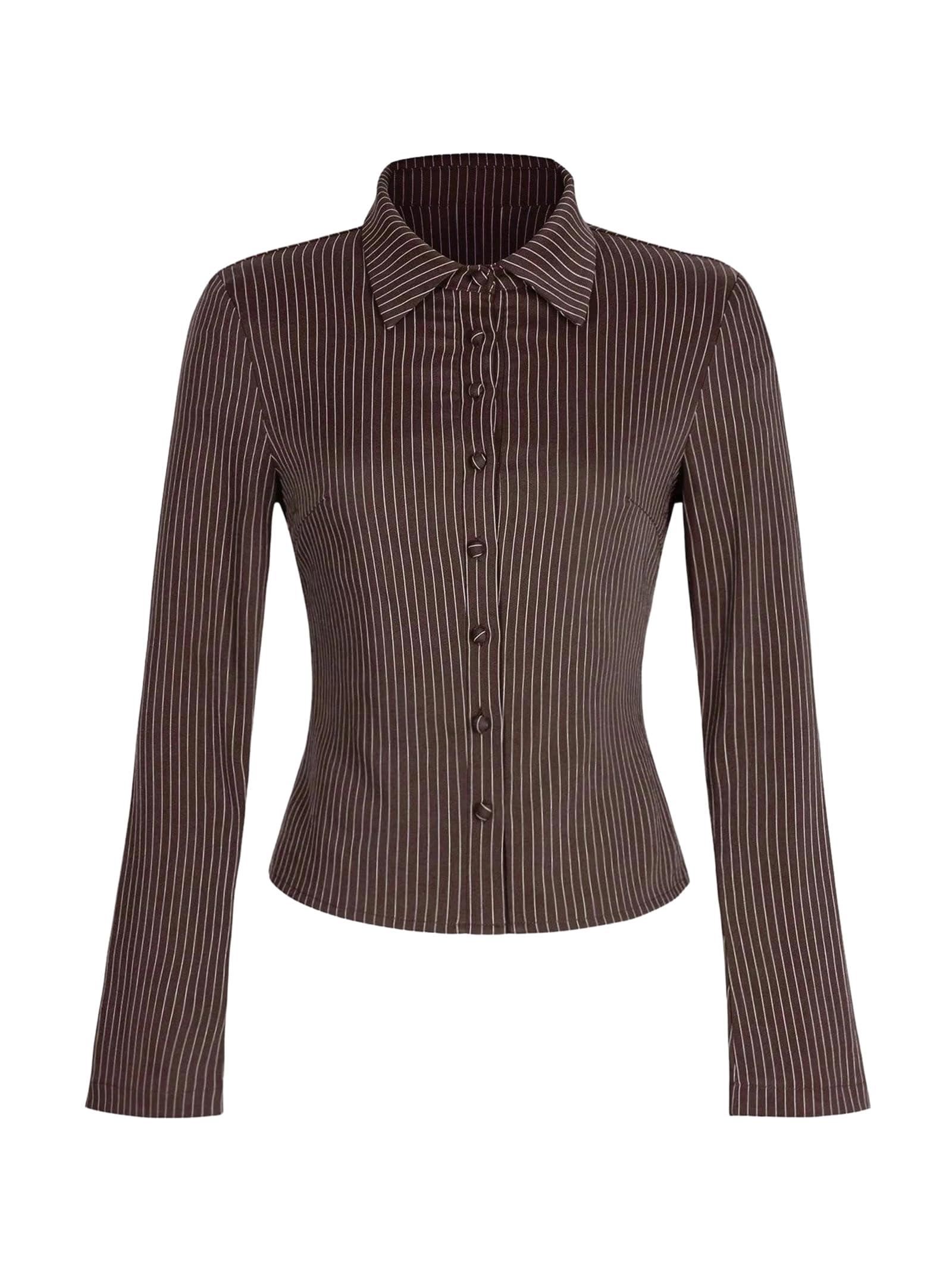 Genérico Camisa de Oficina a Rayas para Mujer, Ajustada, con Botones, Manga Larga, puños Acampanados, Cuello Vuelto, Abertura Completa y Corte elástico (café pequeño)
