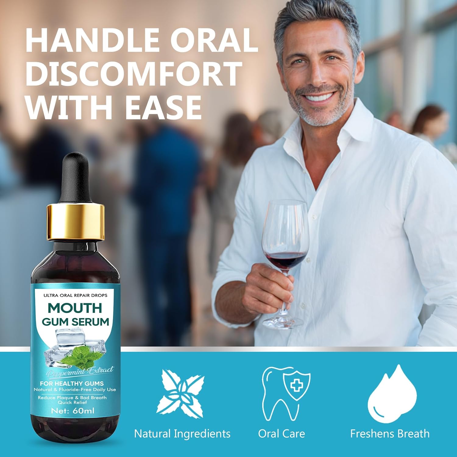 Gum Restore Drops - Gum Repair for Receding Gums, Dry Mouth, Stain Removal & Bad Breath Treatment for Adults, Instant Fresh Breath,60ML