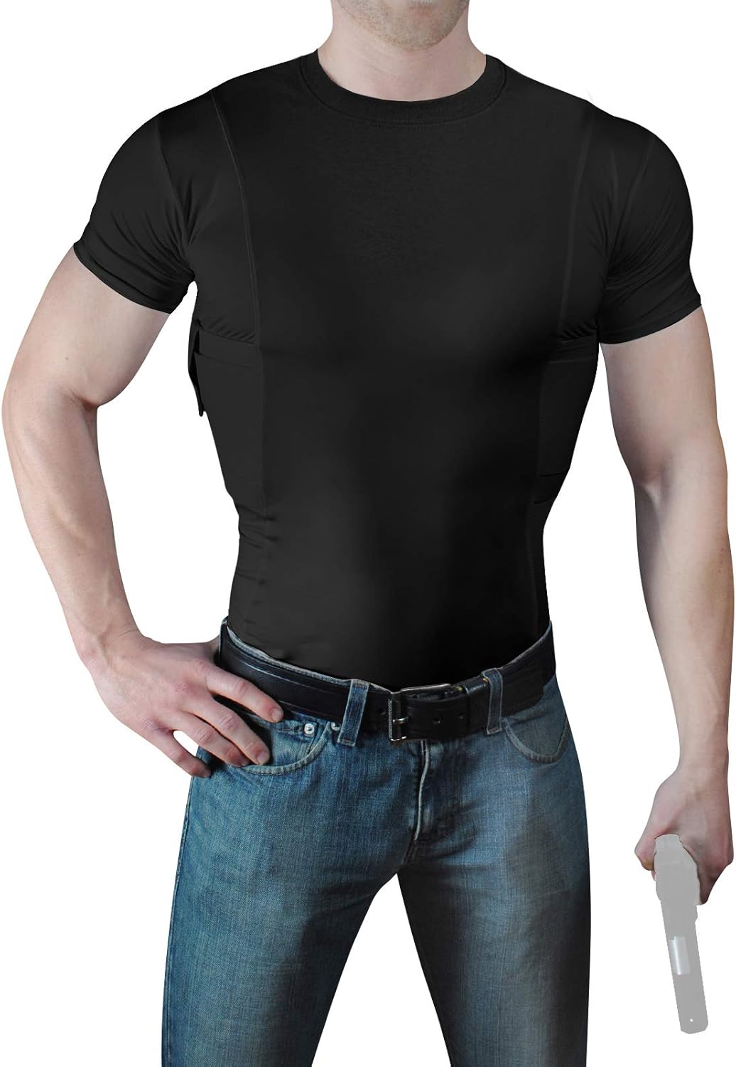 Men’s Pistol Holster Undershirt for CCW Concealed Carry, Crew Neck, All-Day-Comfort Easy Breathe Compression Fabric