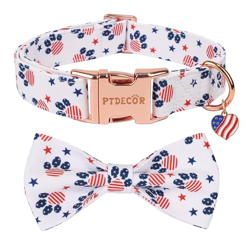 PTDECOR American Flag Dog Collar with Bow Tie, White Flag