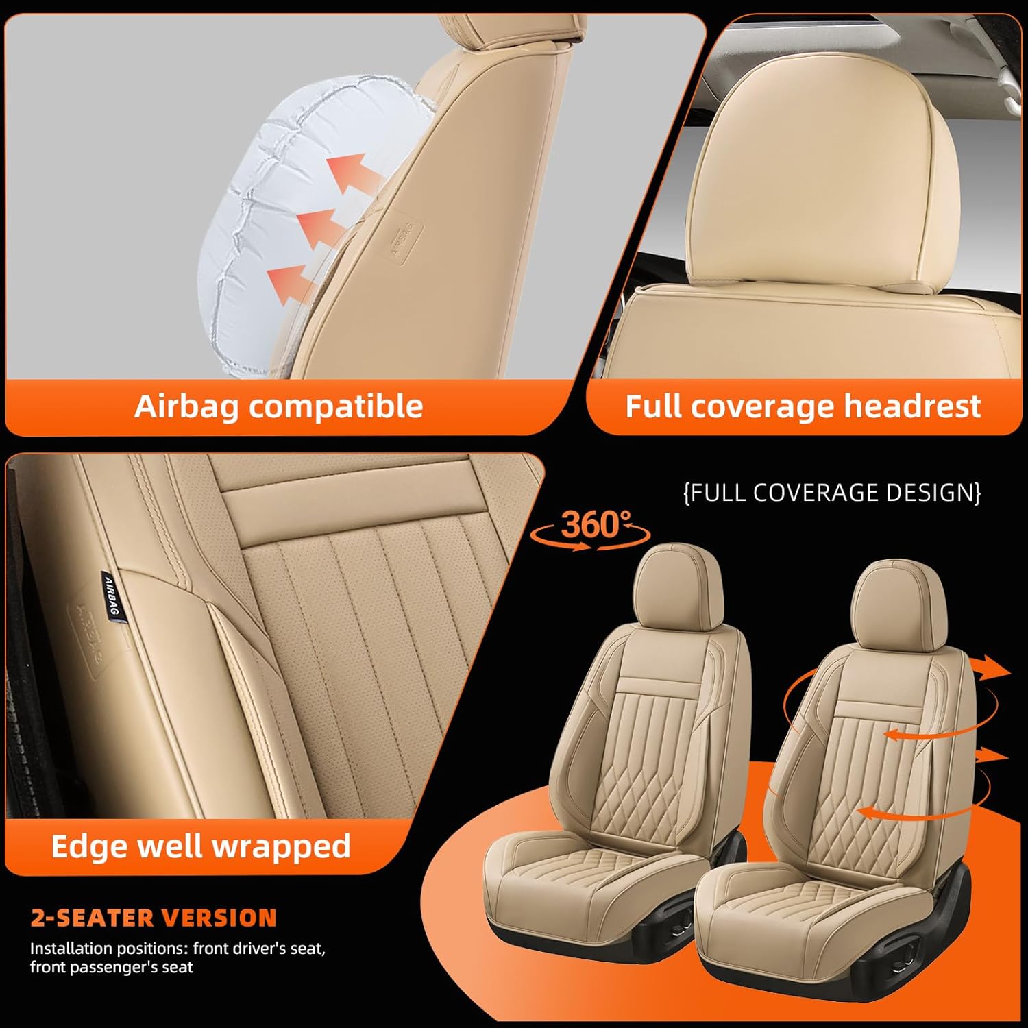 KEYOOG 2-Seater Waterproof and Breathable Nappa Leather Car Seat Covers Full Set, Fit for Front Seats of Cars, Compatible with Airbags, Car Seat Protector Covers for Most Cars - Beige