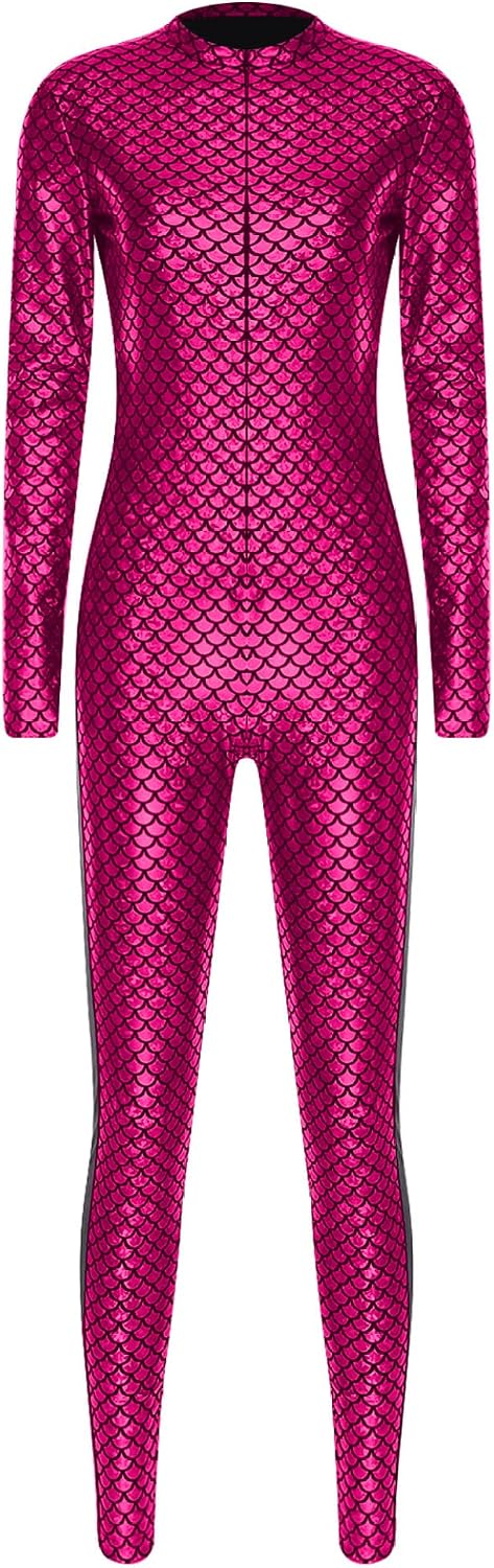 Fish-Scale Print Mermaid Jumpsuit for Women Metallic Shiny Long Sleeve Leggings Mesh Bodysuit
