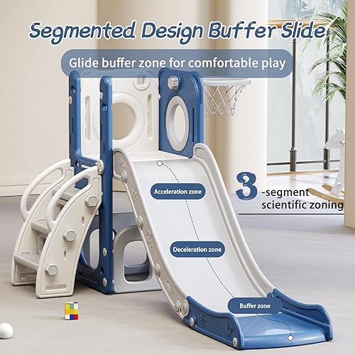 Miniatura 3 de Juego 6 en 1 para niños pequeños con tobogán, tobogán para niños con aro de baloncesto, pelota, lanzamiento de anillo, juguetes para interiores y