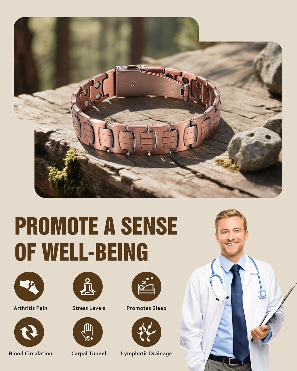 Jecanori Pure Copper Bracelet for Men, 2X Strength Magnetic Bracelets for Men with Fold-Over Clasp - Image 4