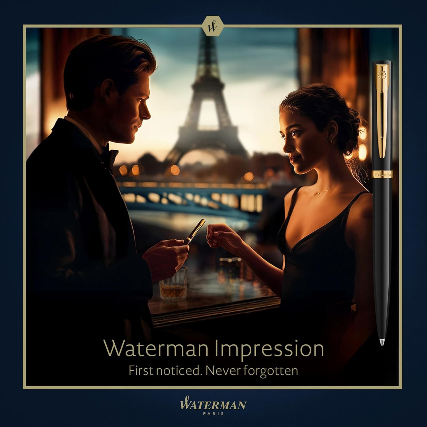 Waterman Impression - Stylo plume avec gravure - Personnalisable - Élégant stylo d'écriture - Cadeau pour hommes et femmes - Encre bleue (Black GT)