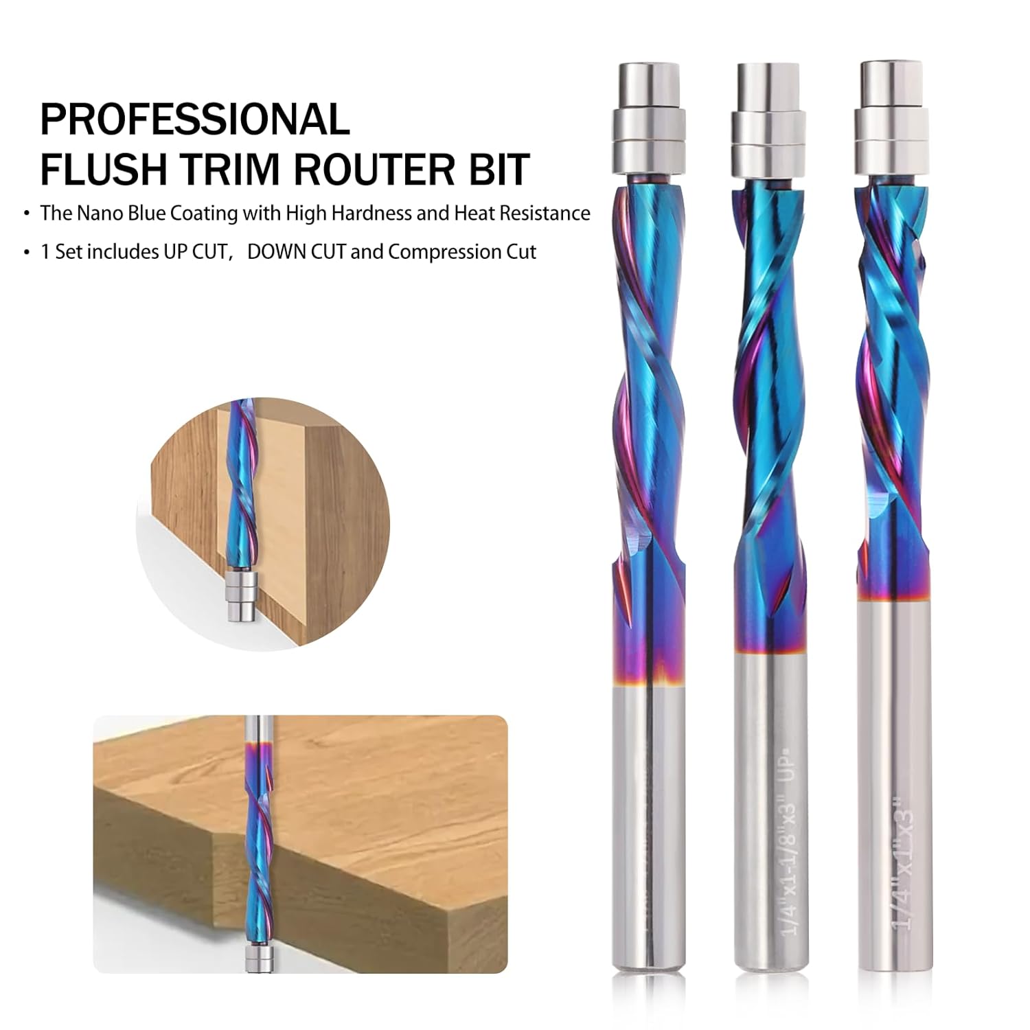 Spiral Flush Trim Router Bit Set 3PCS, 1/4 Inch Shank Spiral Router Bits with Nano Coated, 1PCS Up Down Compression+ 1PCS Downcut+1PCS Upcut Template Pattern Router Bit for Woodwork Trimming